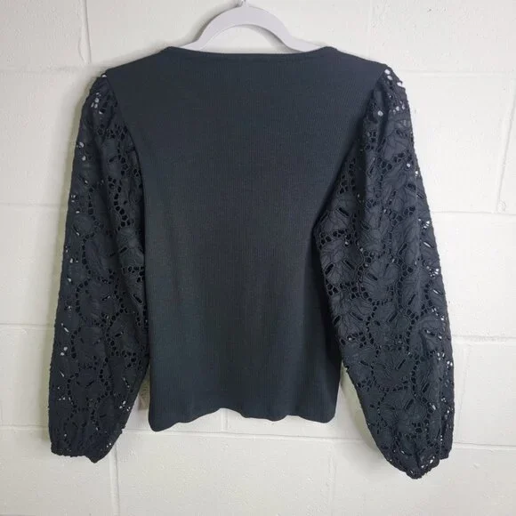 J Crew Lace Sleeve Top Black Size Small CD270 Sheer Whimsygoth Preppy Career - Picture 3 of 8